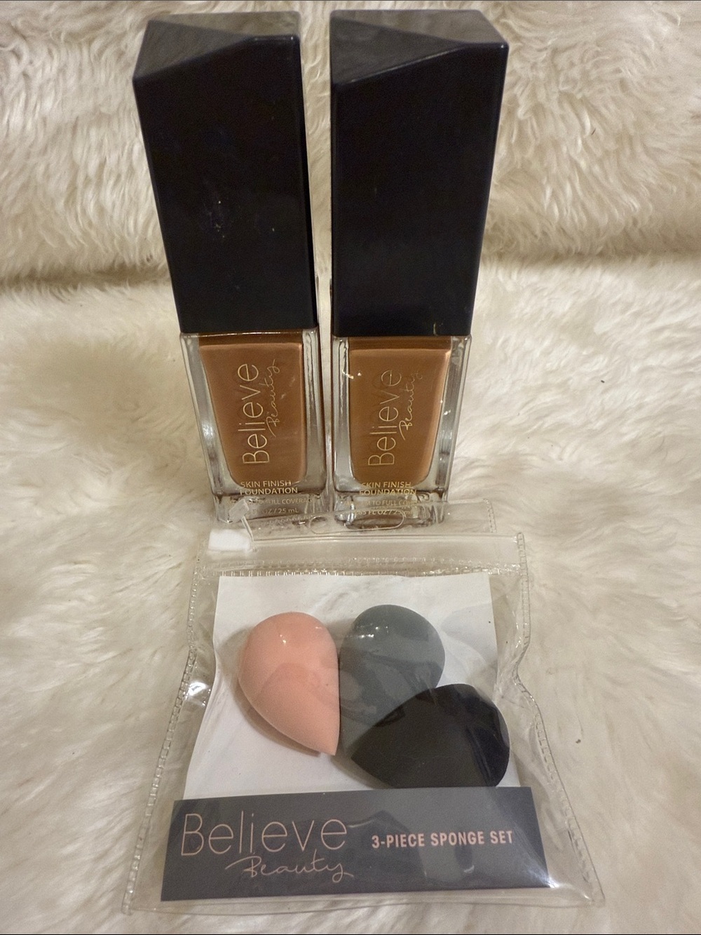 NEW Believe Beauty Skin Finish Foundation Bundle Tawny + Sponge Set